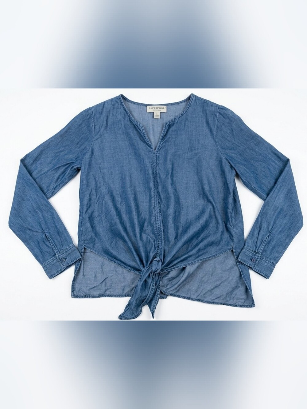 Liverpool Denim Tie-Front Blouse in Medium Blue